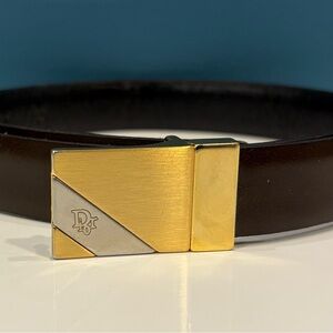 Vintage Christian Dior Reversible Leather Belt Gold Buckle Size 34